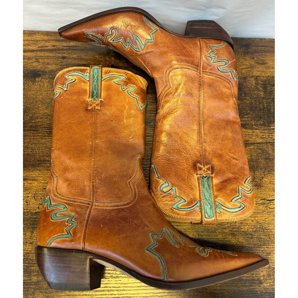 Charlie 1 Horse Tan Leather Turquoise Inlay Embroidered Western Boots Sz 9.5 B - Picture 16 of 16